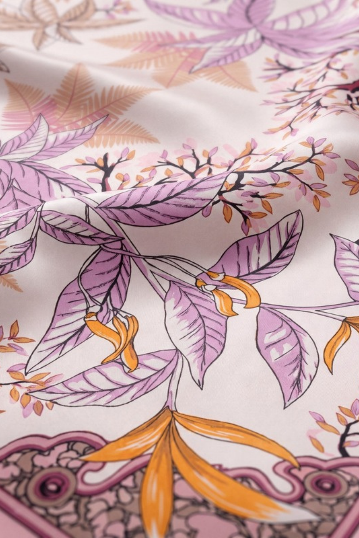 Close-up of the printed silk on the Gatz Vera scarf, showing the weave and print detail
