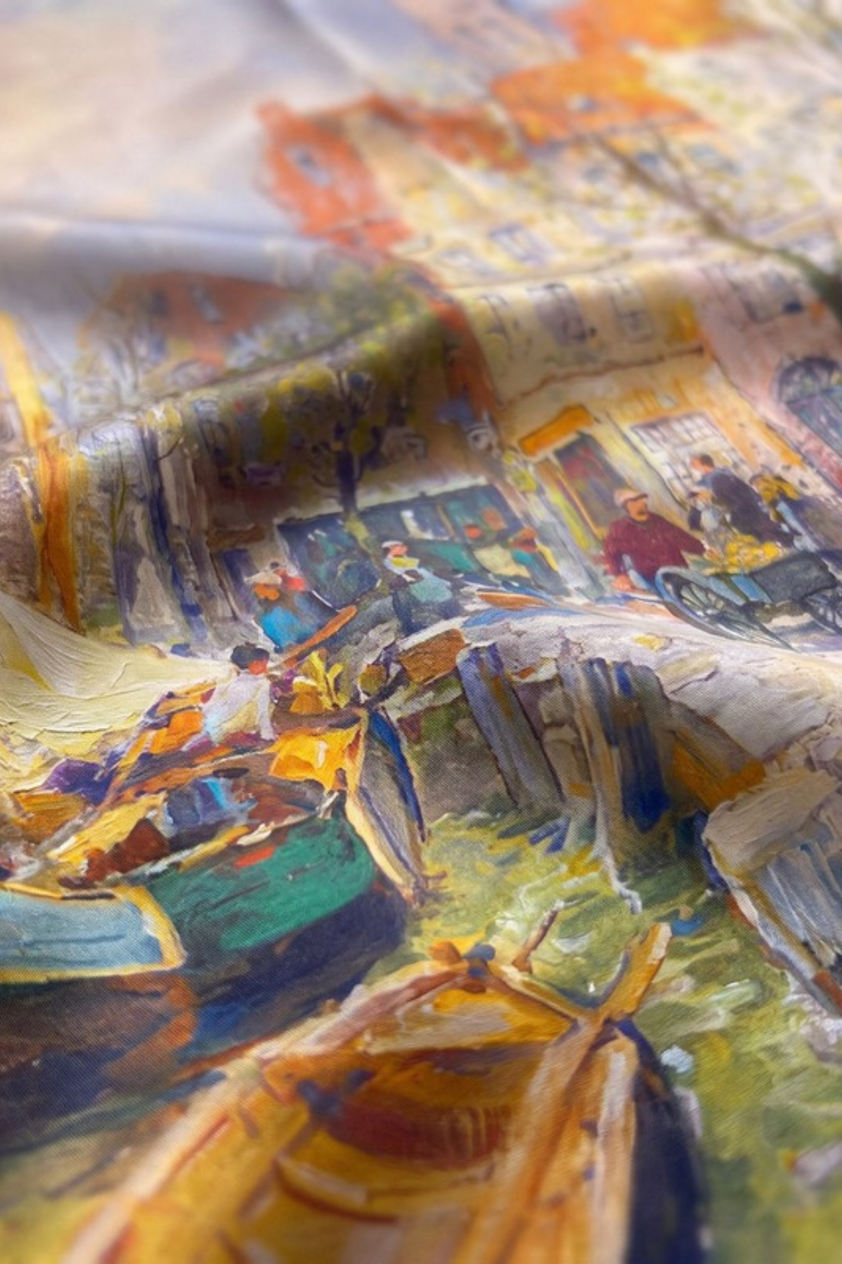 Close-up of the printed silk on the Gatz Jeanne scarf, showing the weave and print detail