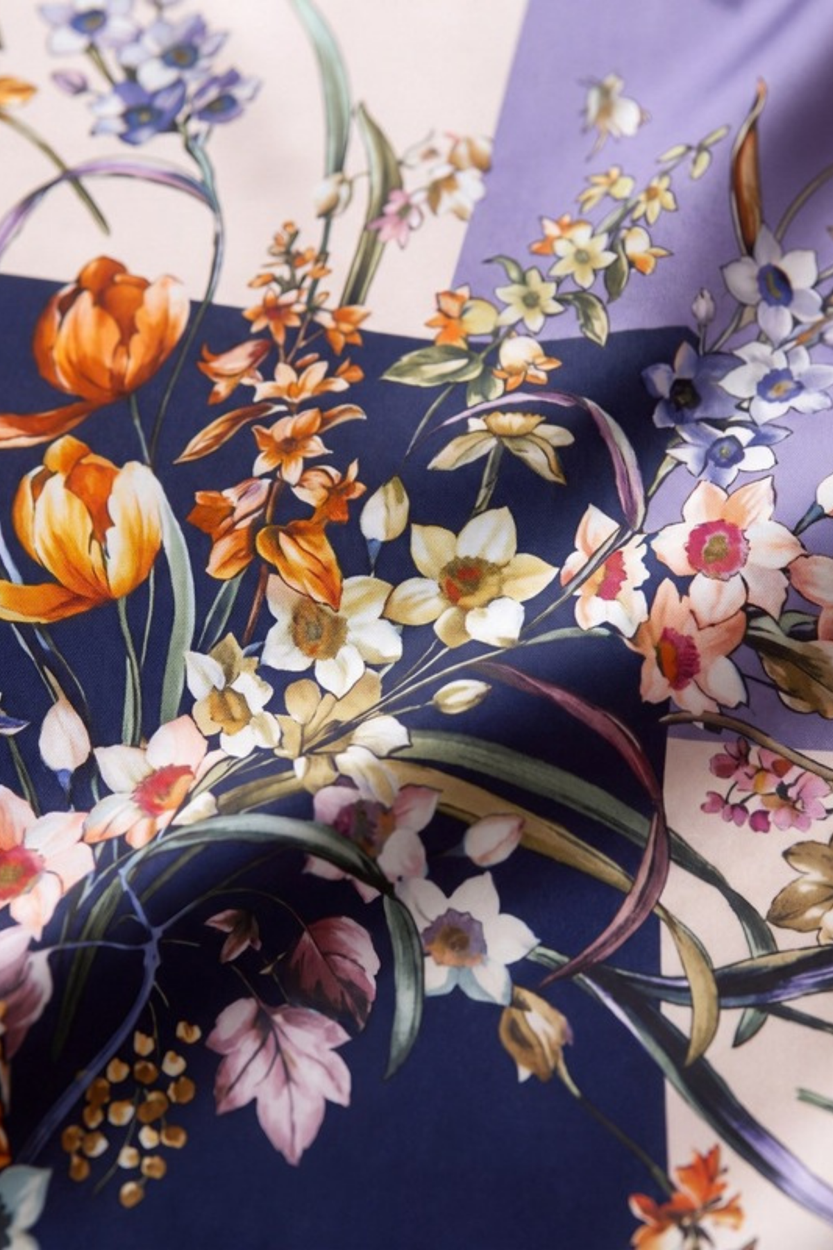 Close-up of the printed silk on the Gatz Solane scarf, showing the weave and print detail