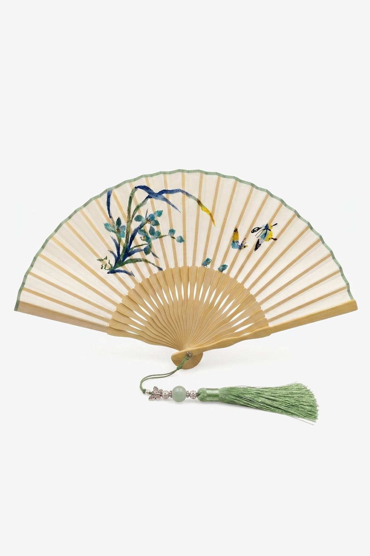Rita hand fan with a blue orchid and butterflies on ivory silk - Gatz