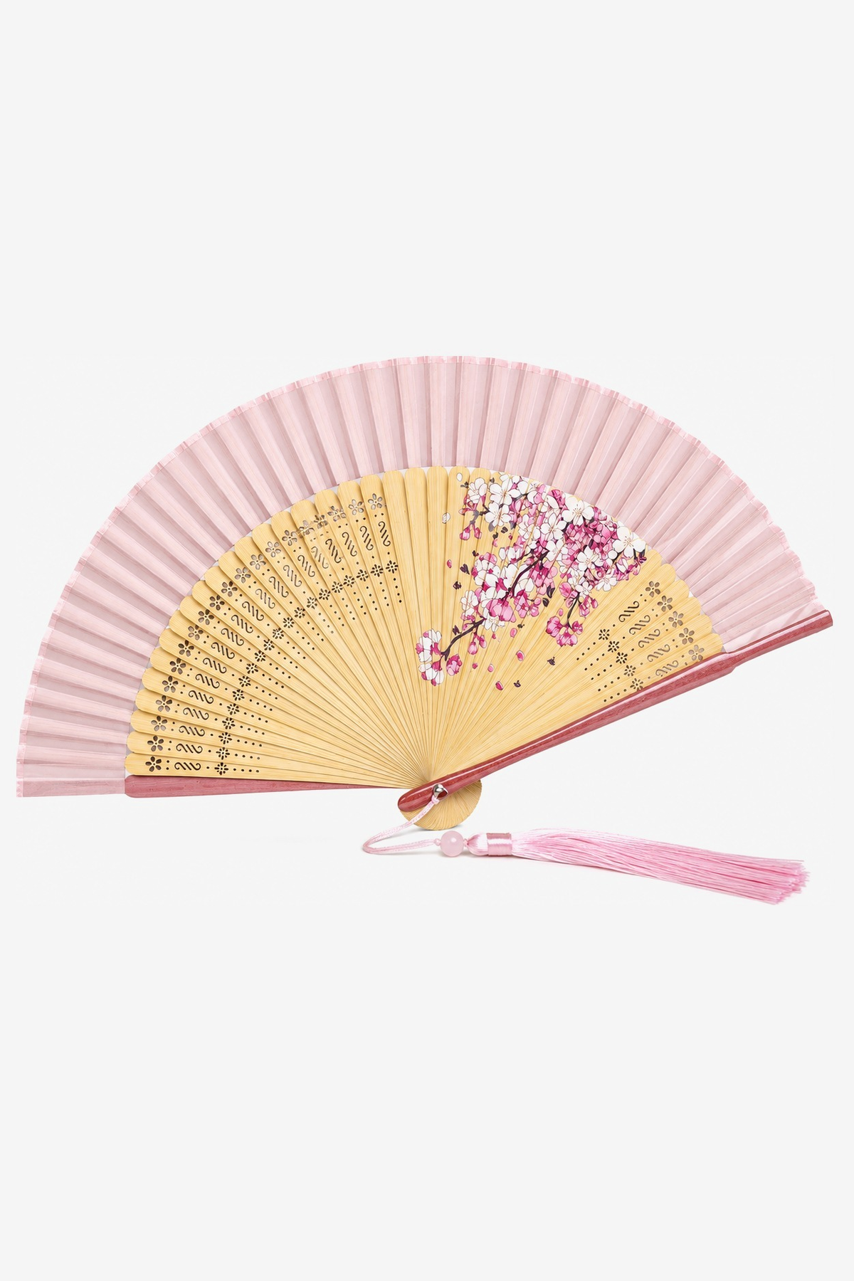 Rosie hand fan with sakura on honey bamboo and a rose silk crown - Gatz