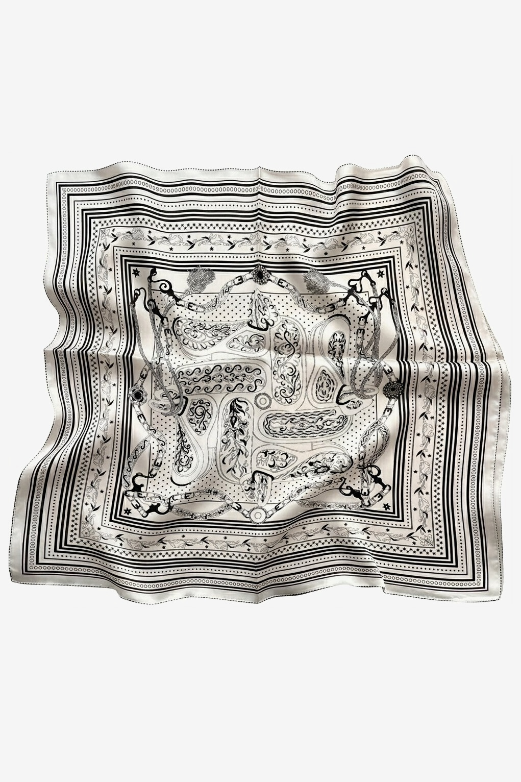 June silk scarf with inked bridles and tassels on ivory, 88cm - Gatz