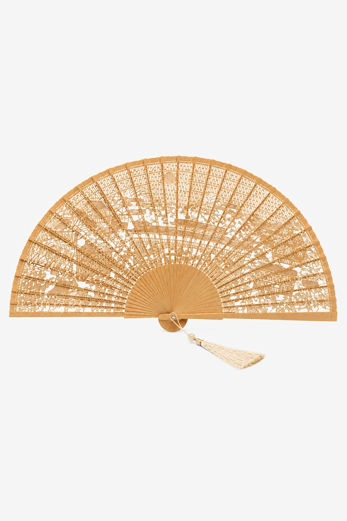 Bea hand fan, a scene pierced through honey-toned sandalwood - Gatz
