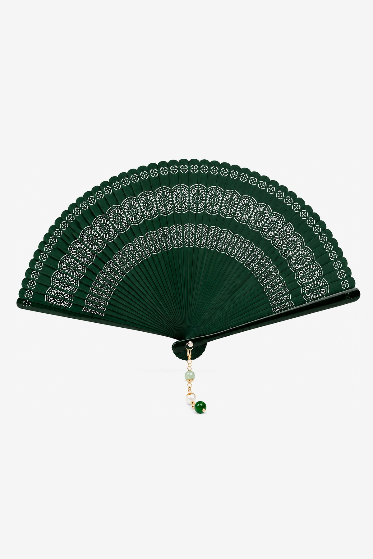 Jade hand fan with forest-green pierced medallions and a jade bead - Gatz