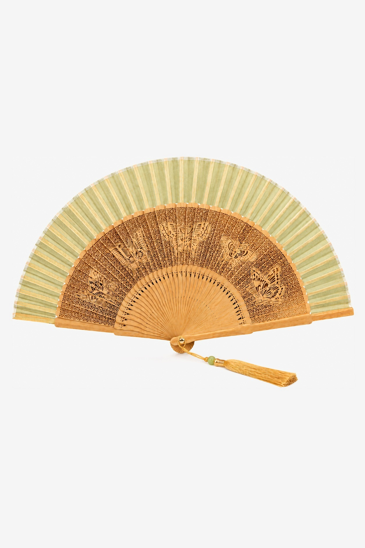 Lemina hand fan with carved butterflies and a celadon silk crown - Gatz
