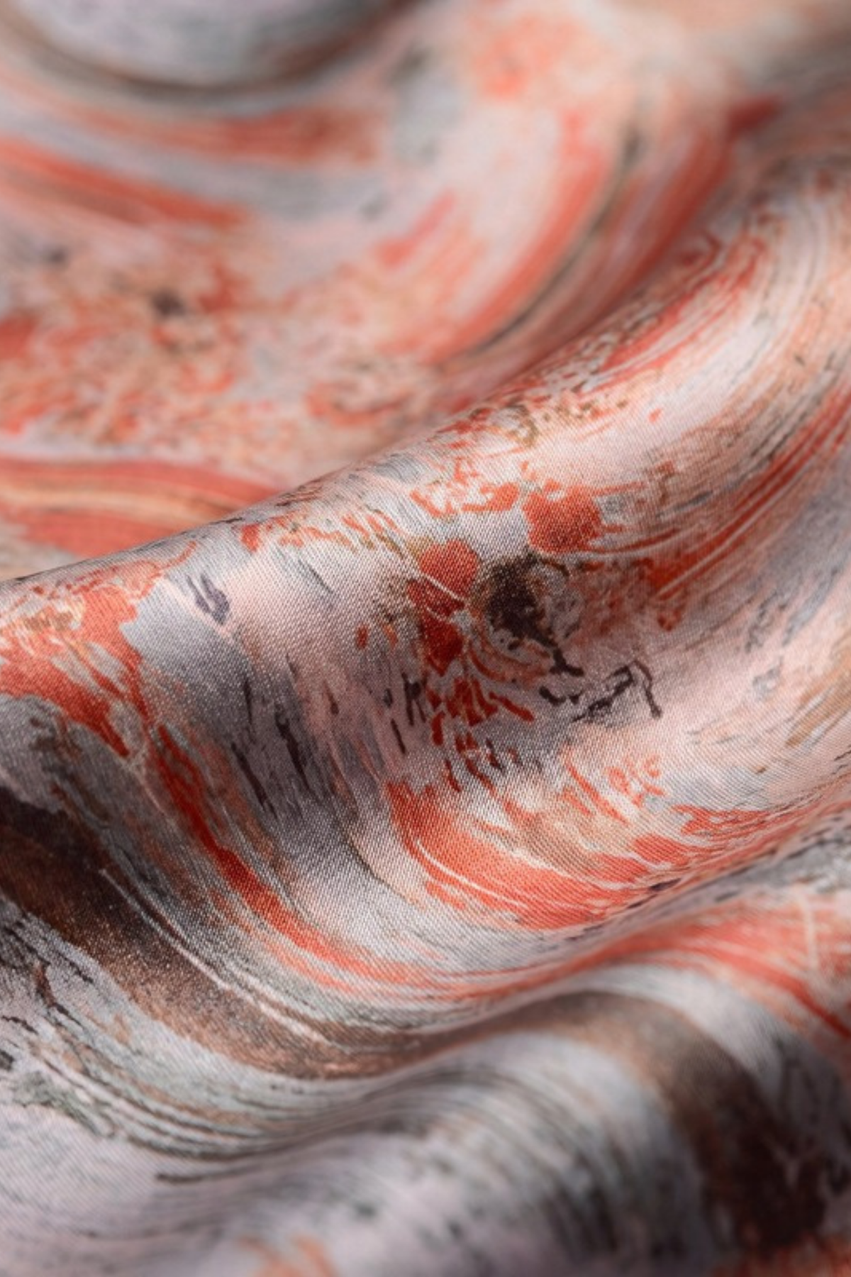 Close-up of the printed silk on the Gatz Jane scarf, showing the weave and print detail