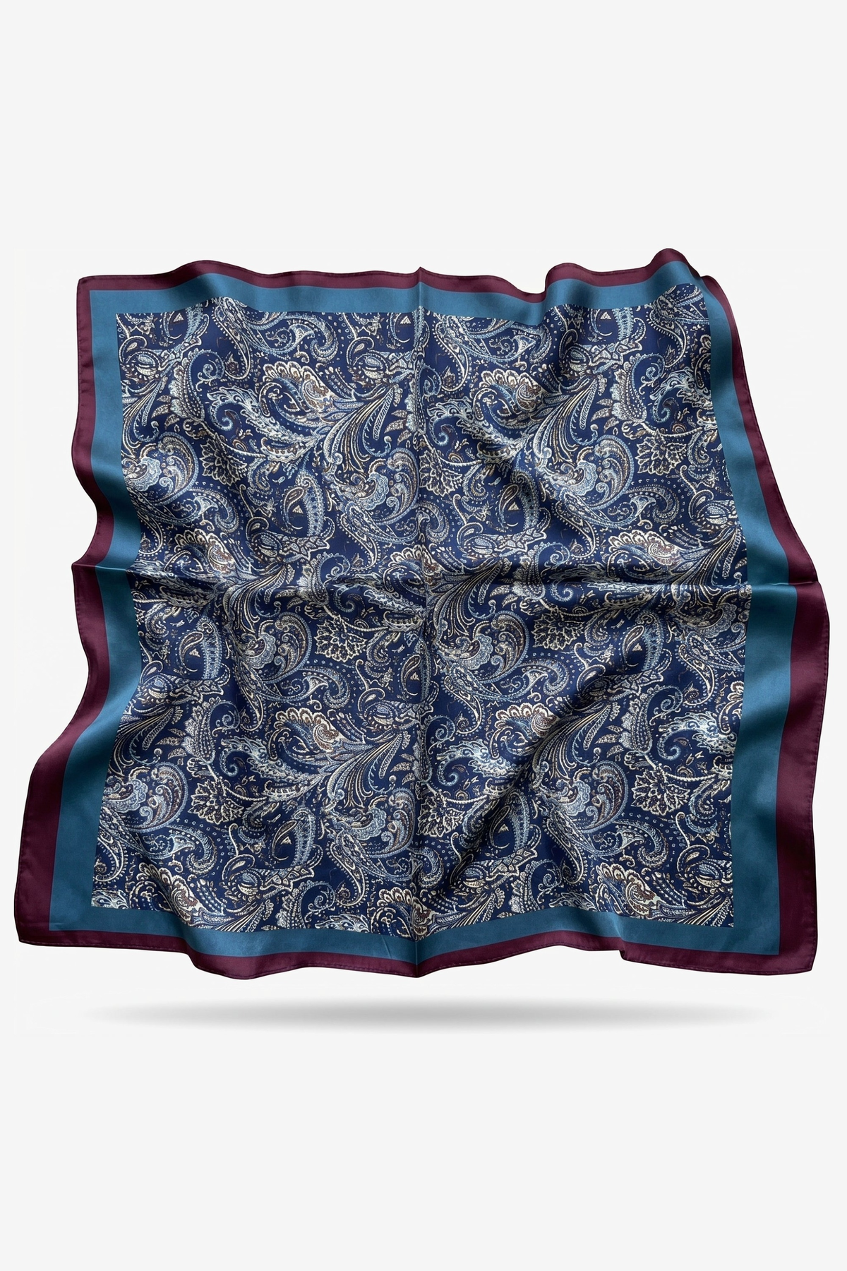 Sophia silk scarf with deep indigo paisley bound in burgundy - Gatz