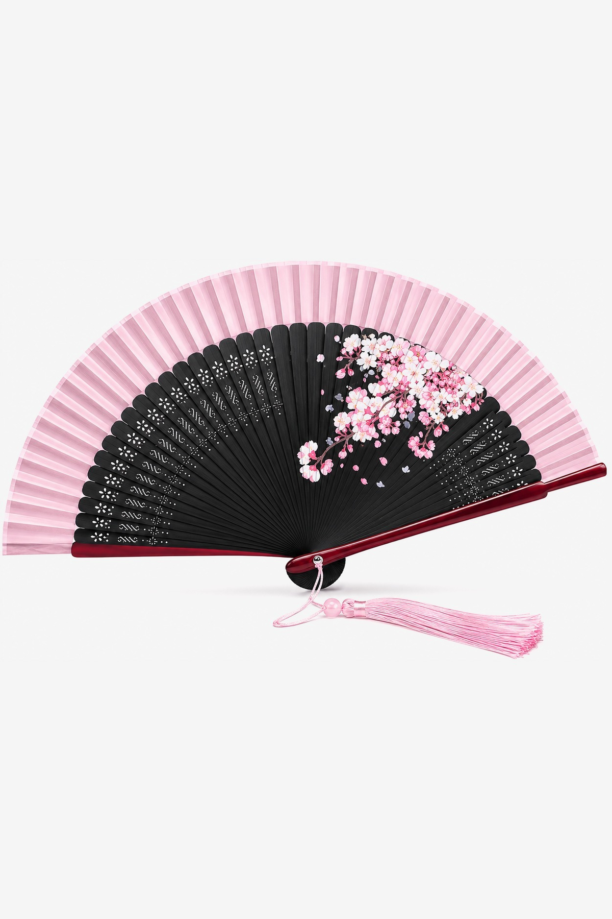 Cherie hand fan with cherry blossom on black ribs and a blush silk crown - Gatz