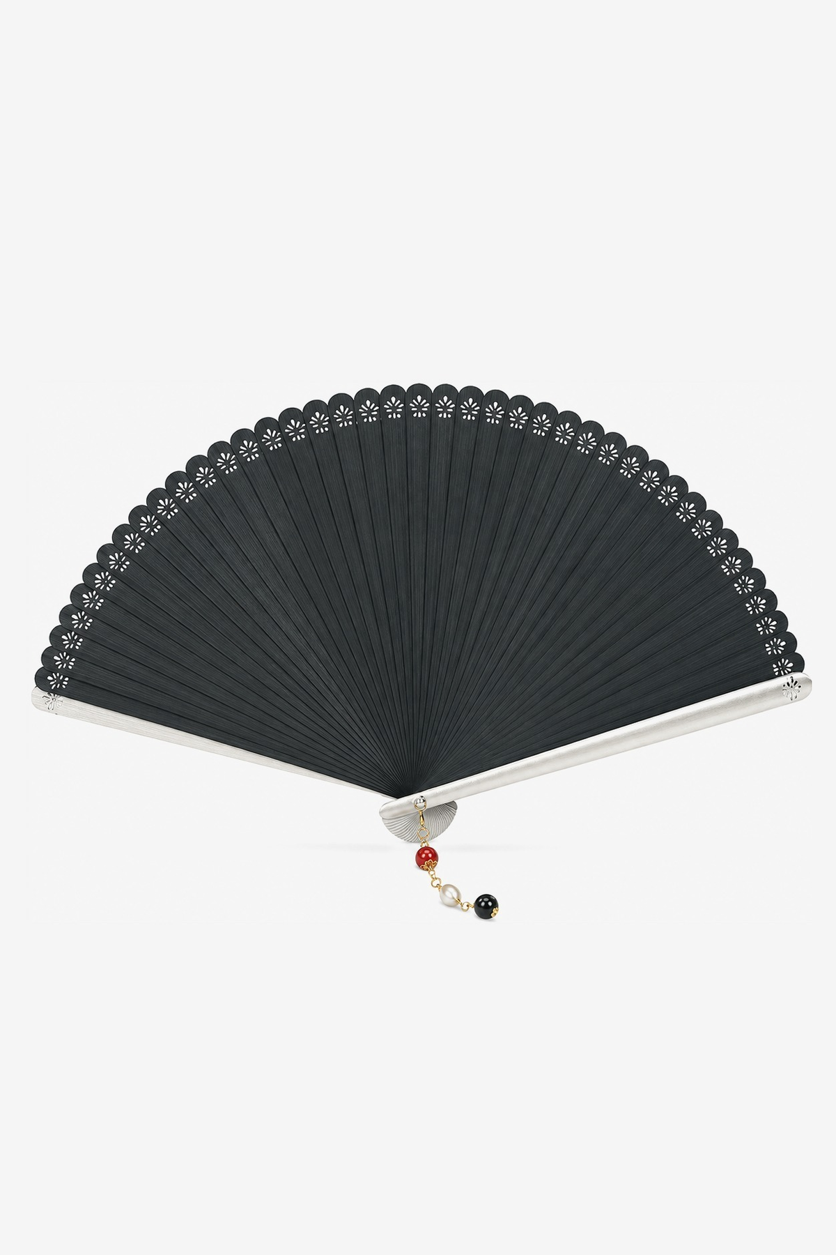 Cleo hand fan in charcoal wood with pierced daisies and a beaded drop - Gatz