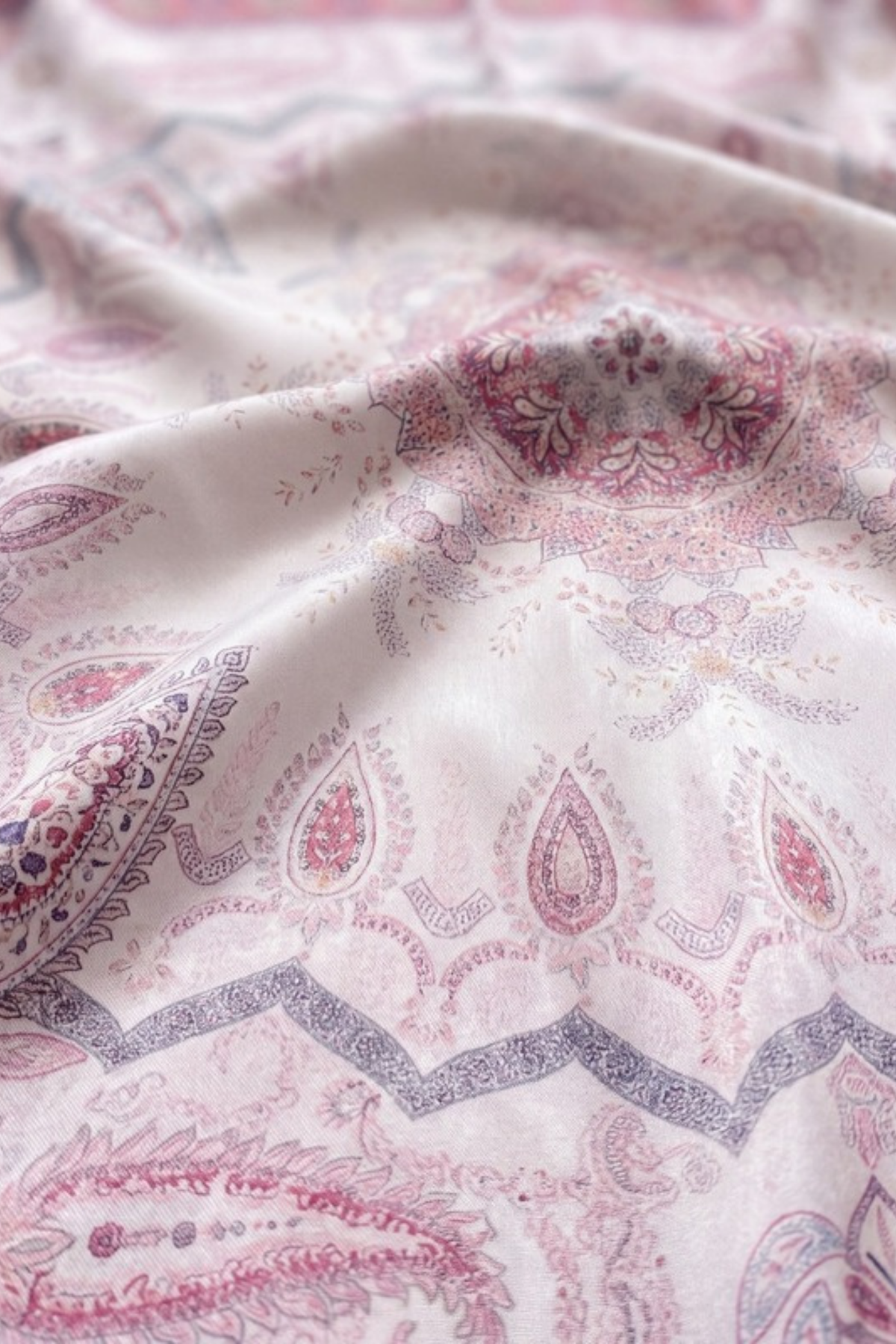 Close-up of the printed silk on the Gatz Sarah scarf, showing the weave and print detail
