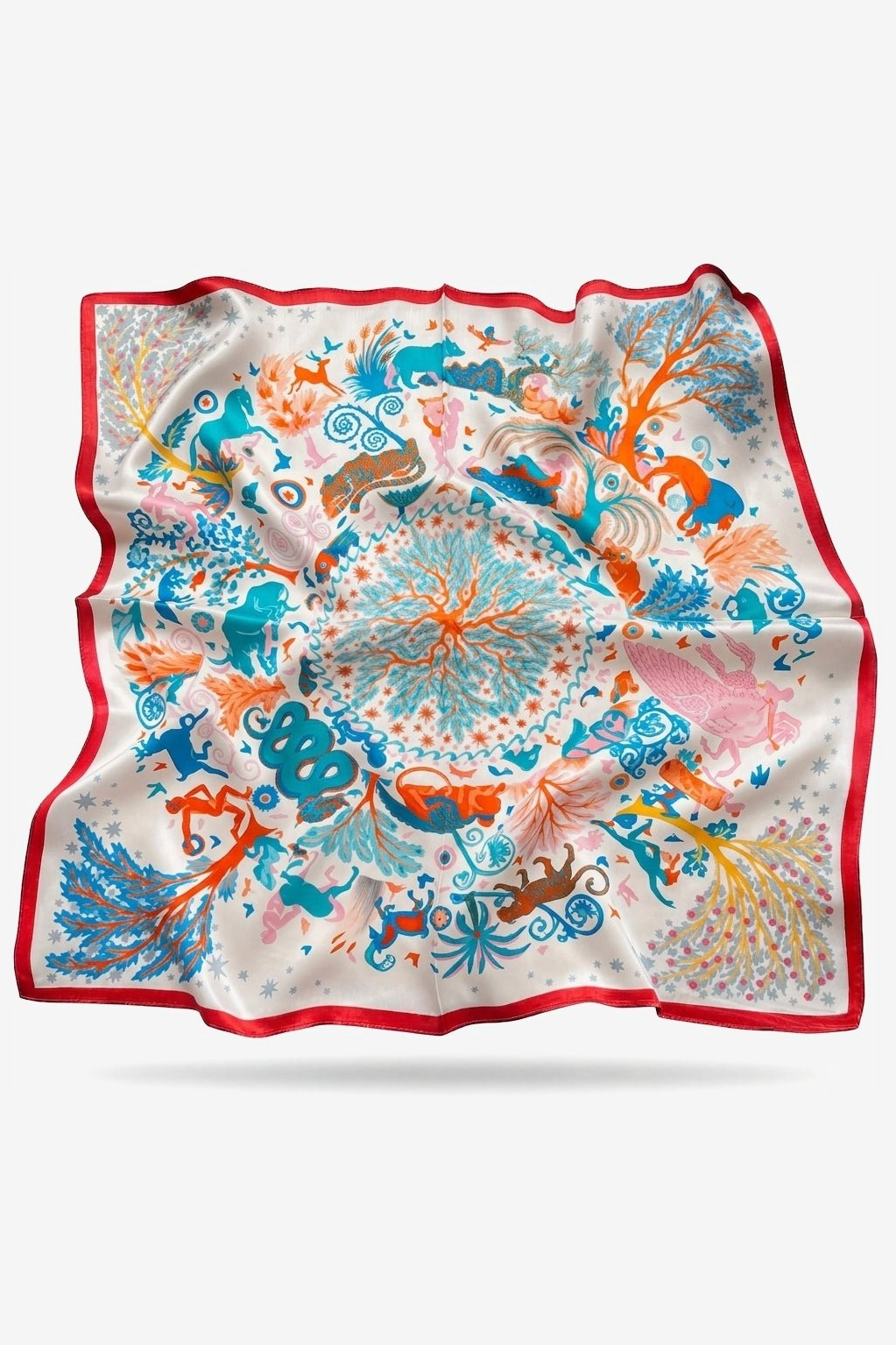 Margot silk scarf with a folklore tree of life in coral and turquoise - Gatz