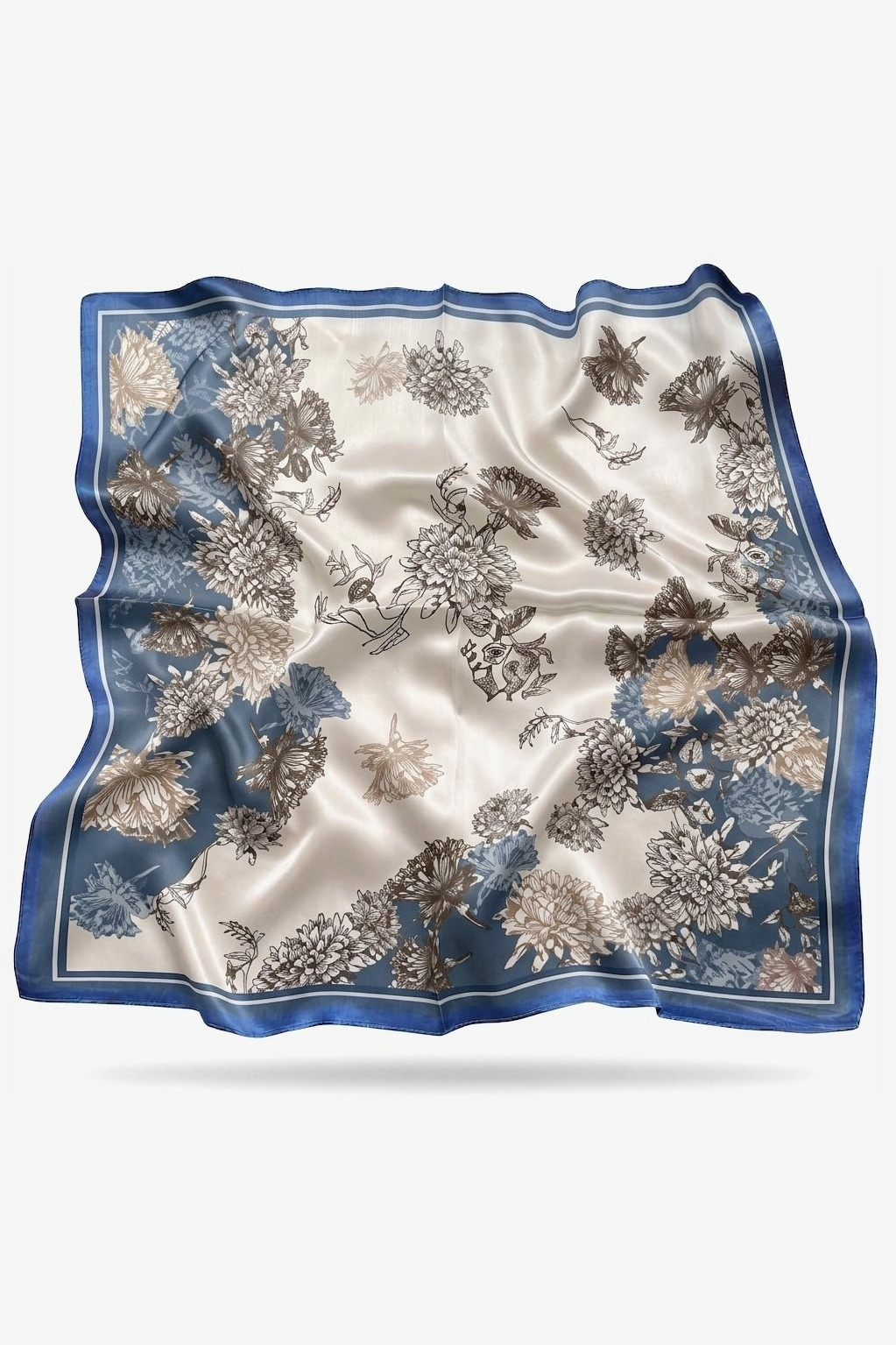Charlotte silk scarf with botanical florals on denim blue - Gatz