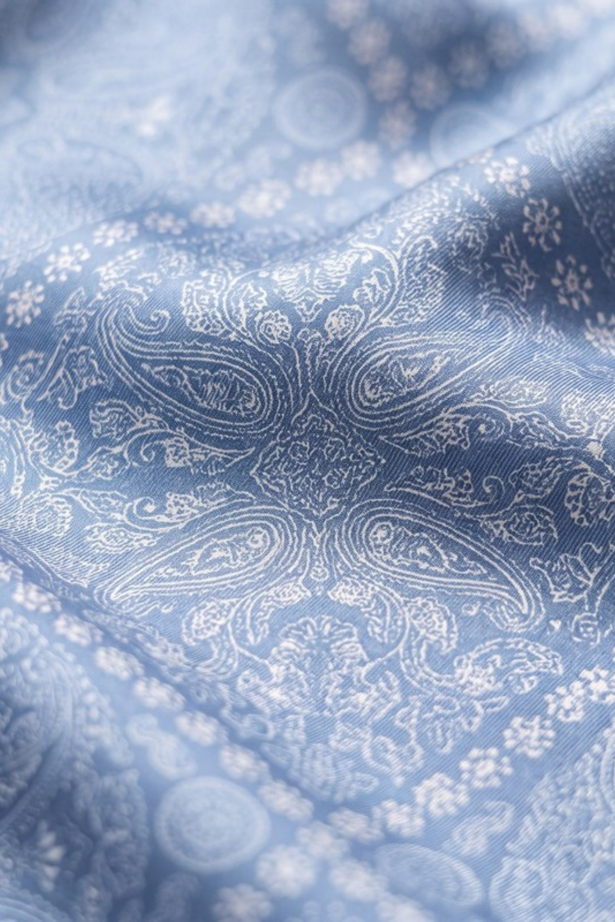 Close-up of the printed silk on the Gatz Amelia scarf, showing the weave and print detail