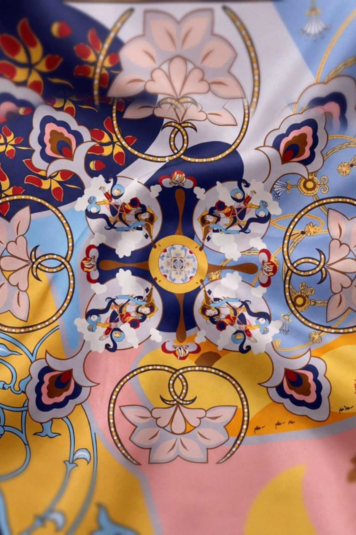 Close-up of the printed silk on the Gatz Rosalia scarf, showing the weave and print detail