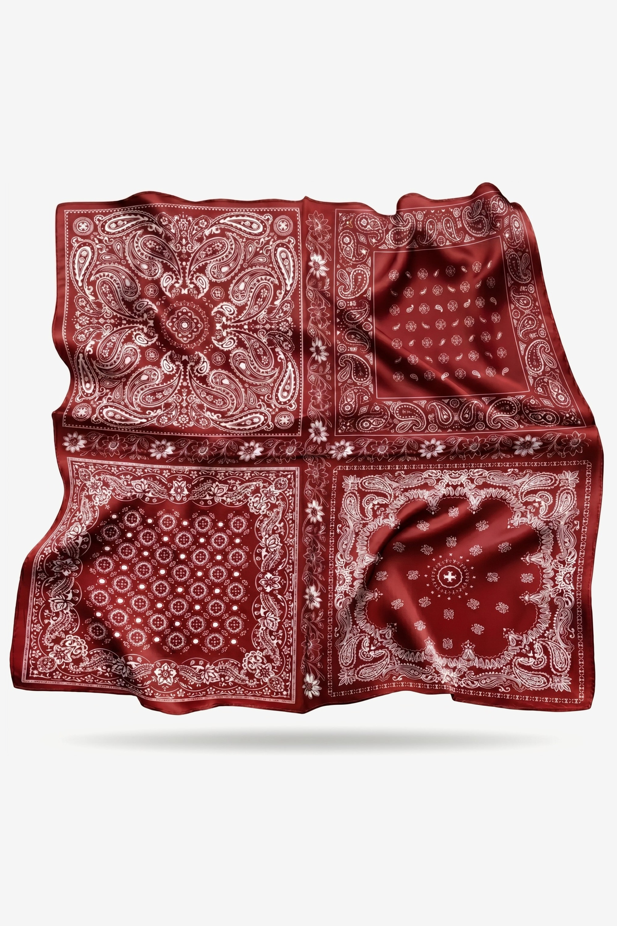 Odette silk scarf with bandana paisley in white on oxblood red - Gatz
