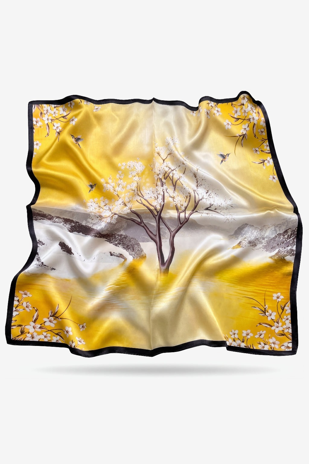 Hana silk scarf with Eastern spring blossom and hummingbirds - Gatz