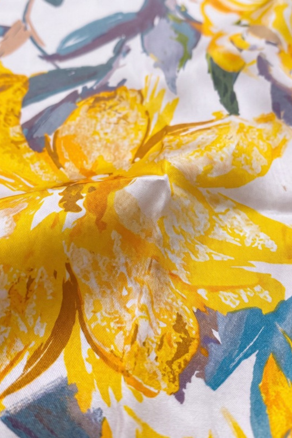 Close-up of the printed silk on the Gatz Georgina scarf, showing the weave and print detail