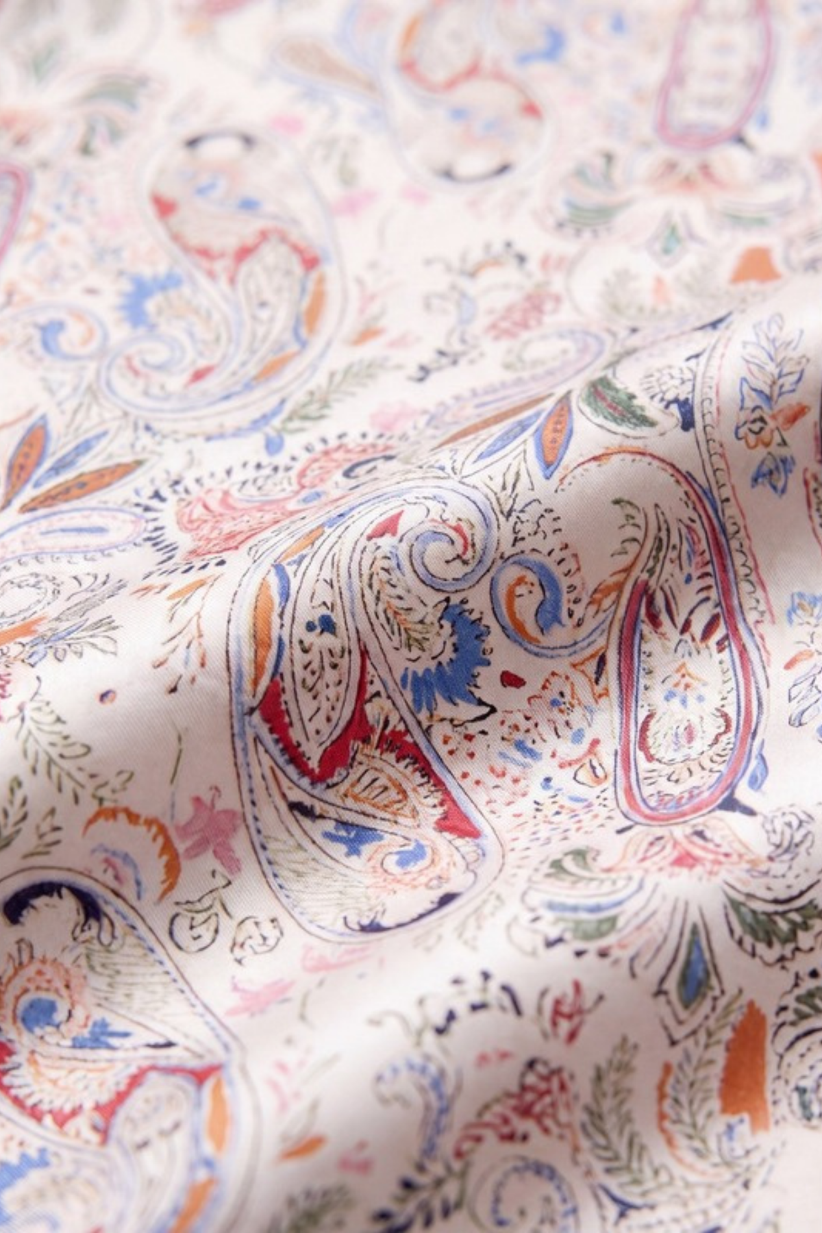 Close-up of the printed silk on the Gatz Brigitte scarf, showing the weave and print detail