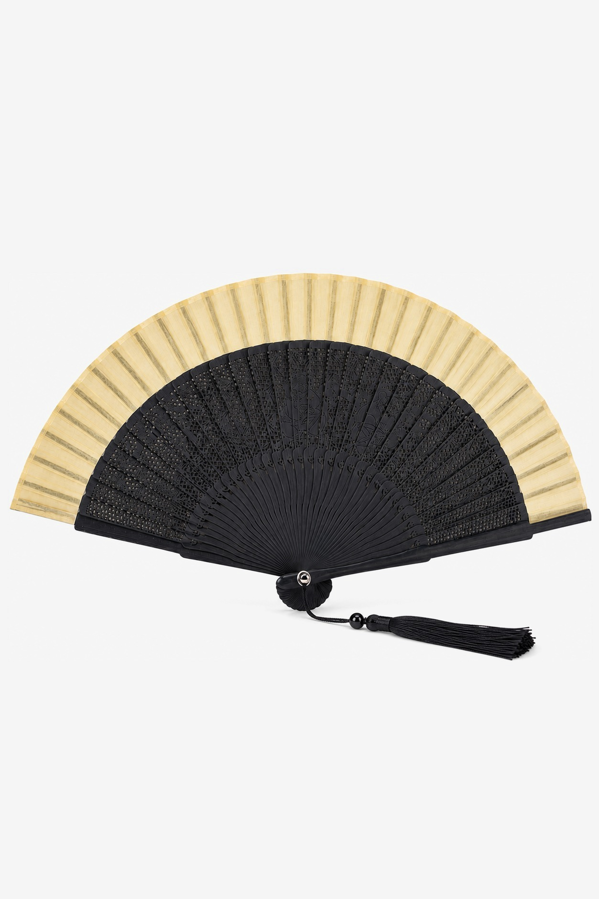 Opium hand fan with champagne silk over black pierced wood - Gatz