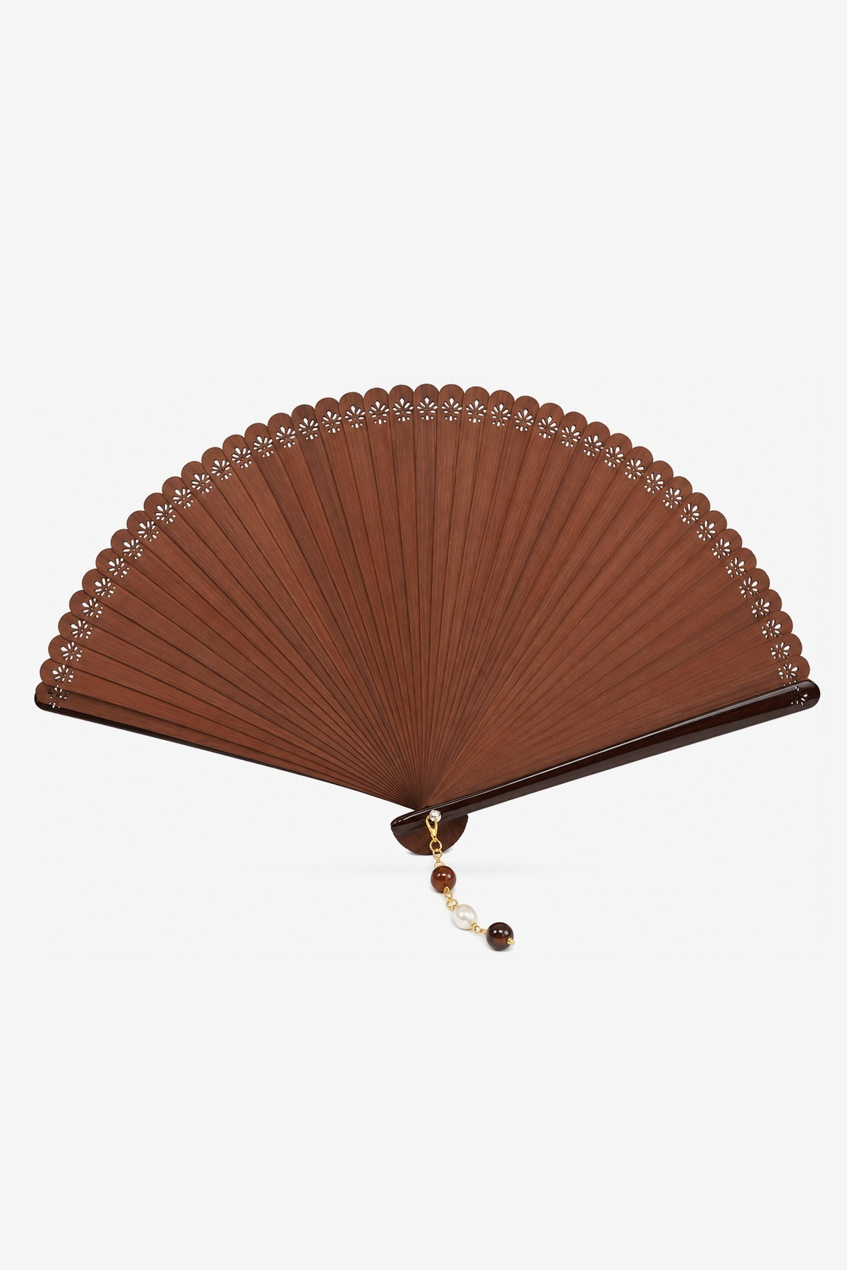 Spruce hand fan in cinnamon wood with pierced daisies and a pearl - Gatz