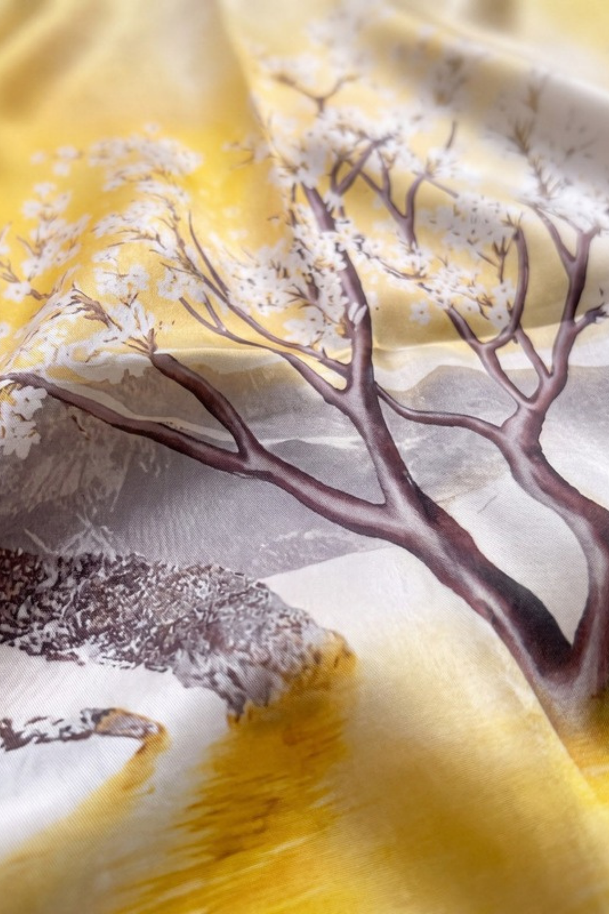Close-up of the printed silk on the Gatz Hana scarf, showing the weave and print detail