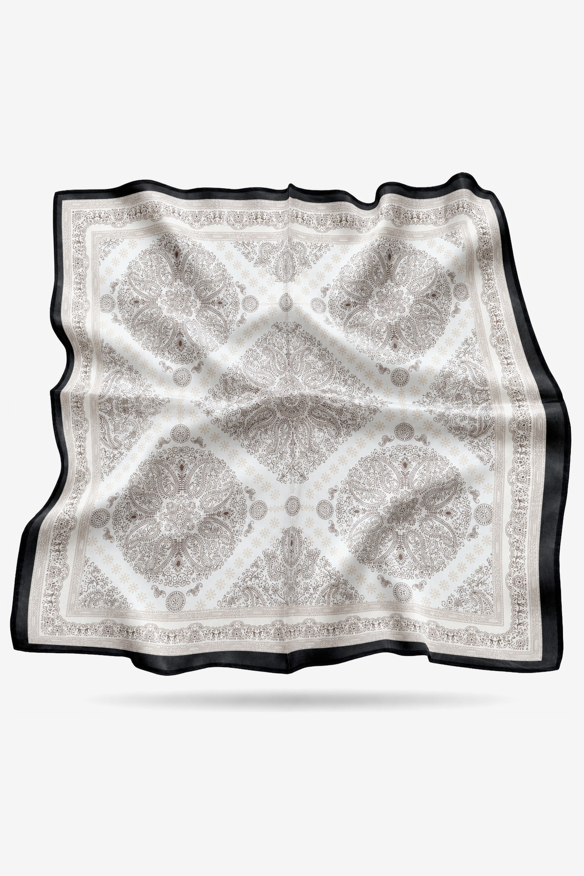 Jaime silk scarf with taupe paisley medallions on ivory and a graphite border - Gatz