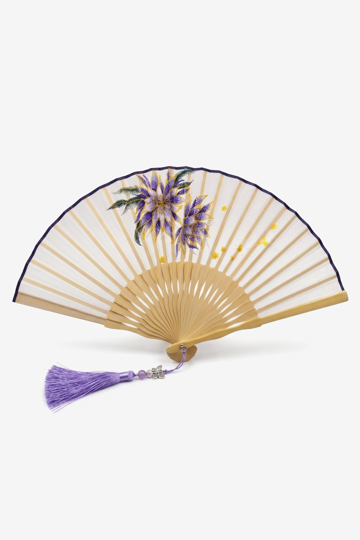 Rica hand fan with violet blooms embroidered in gold on white silk - Gatz