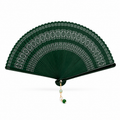 Jade hand fan with forest-green pierced medallions and a jade bead - Gatz