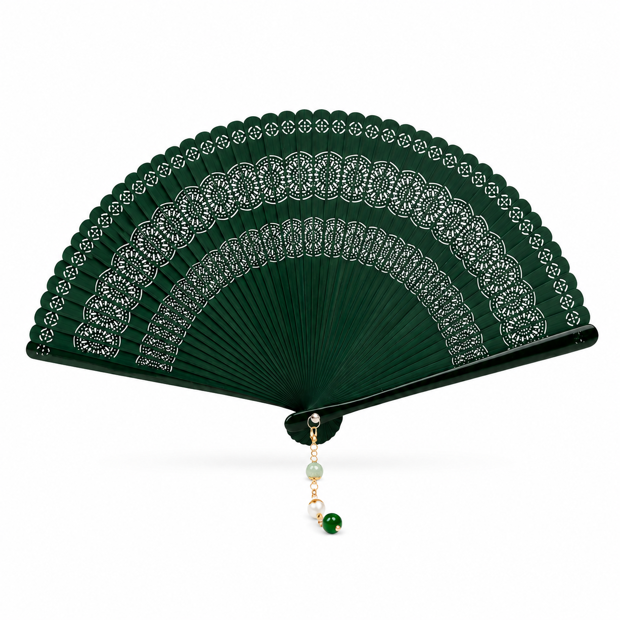 Jade hand fan with forest-green pierced medallions and a jade bead - Gatz