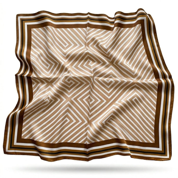 Benedícta silk scarf with Op-Art chevrons in tobacco and cream - Gatz