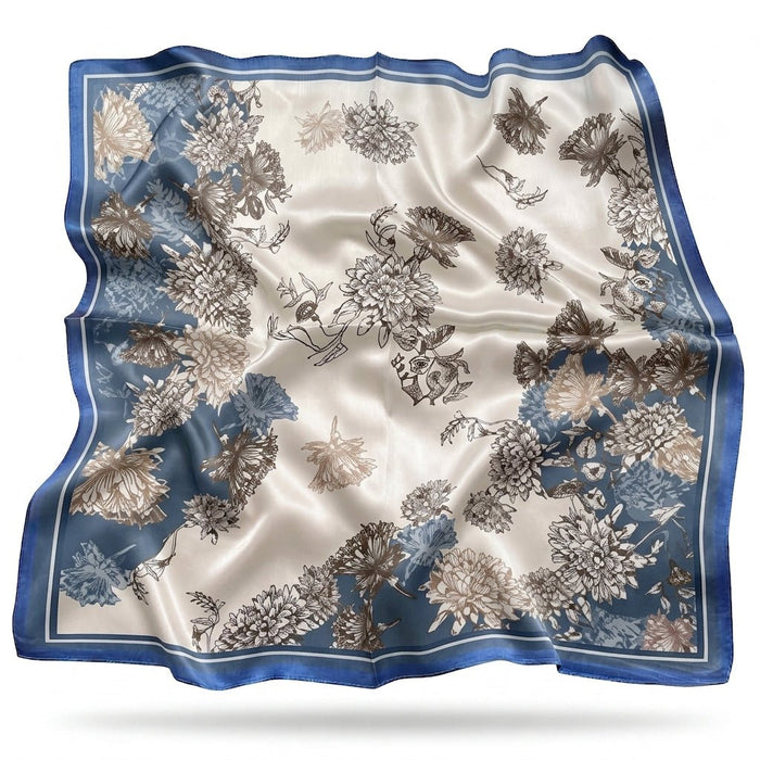 Charlotte silk scarf with botanical florals on denim blue - Gatz