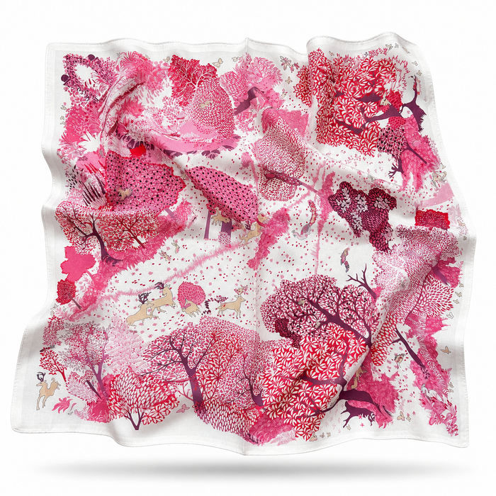Corinna silk scarf with a rose toile de Jouy forest of deer and hares - Gatz