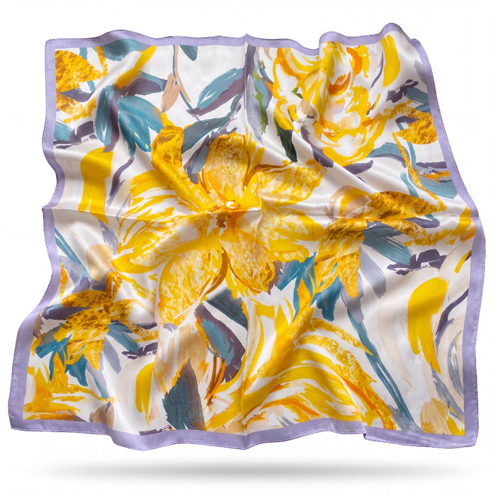 Georgina silk scarf with gestural daffodils and teal foliage - Gatz