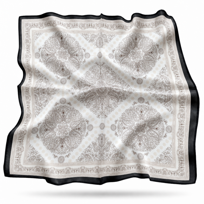 Jaime silk scarf with taupe paisley medallions on ivory and a graphite border - Gatz