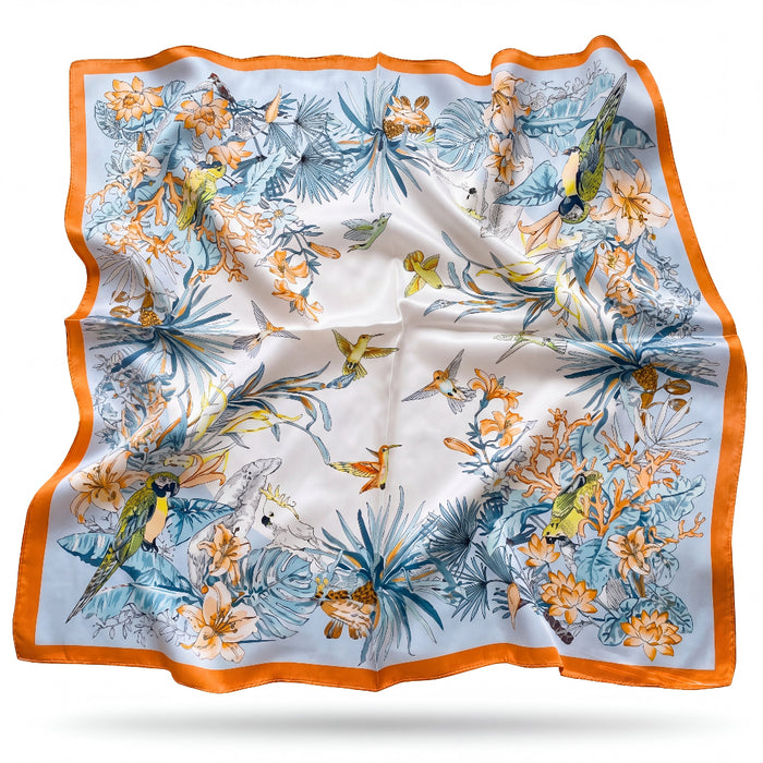 Janna silk scarf with a Victorian aviary of macaws and cockatoos - Gatz