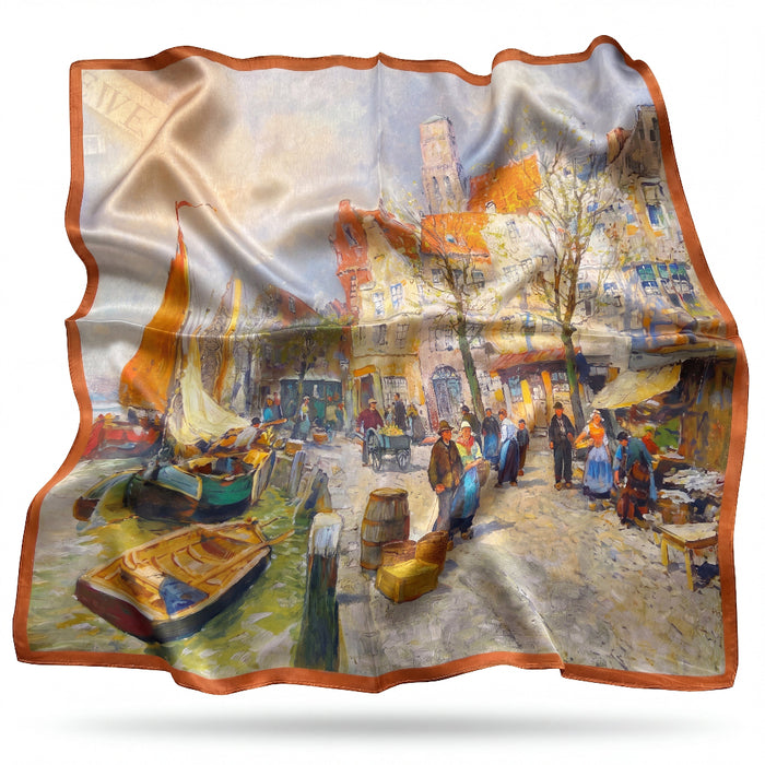 Jeanne silk scarf with a Dutch harbour and gabled rooftops - Gatz