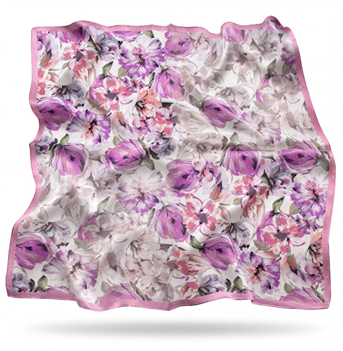 Lauré silk scarf with a Dutch tulip garden on cobalt-trimmed ivory - Gatz