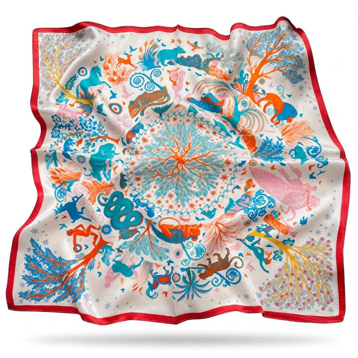 Margot silk scarf with a folklore tree of life in coral and turquoise - Gatz