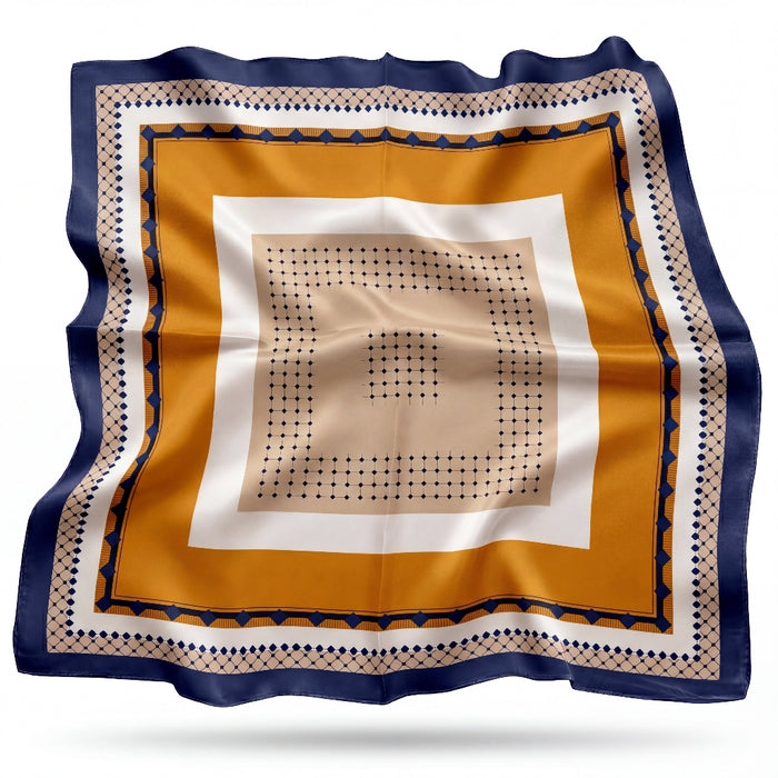 Primrose silk scarf with Bauhaus frames in burnt orange and indigo - Gatz