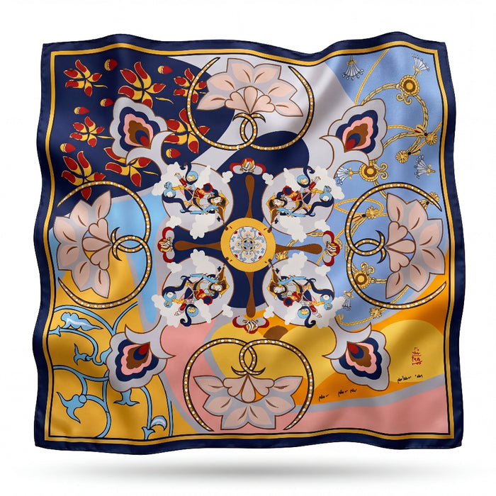 Rosaliá silk scarf with a Persian miniature in lapis and saffron - Gatz