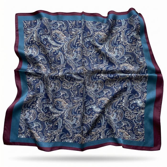 Sophia silk scarf with deep indigo paisley bound in burgundy - Gatz