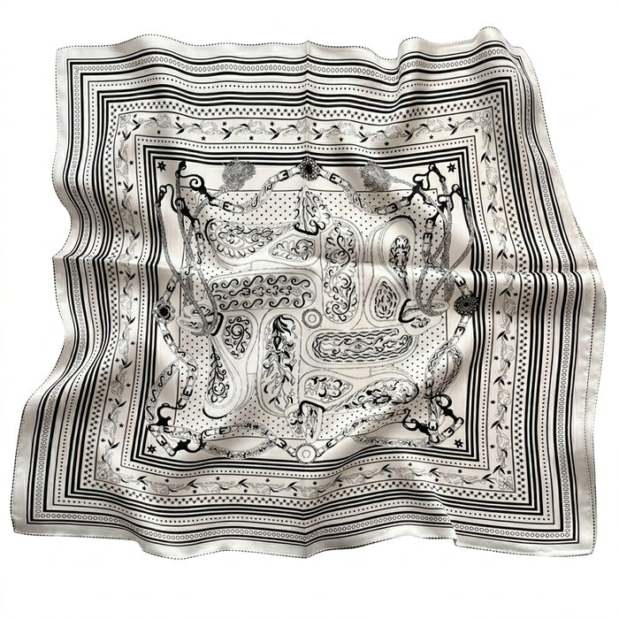 June silk scarf with inked bridles and tassels on ivory, 88cm - Gatz