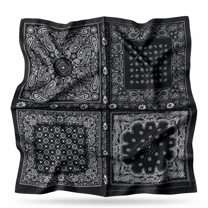 Kira silk scarf with bandana paisley in white on black - Gatz